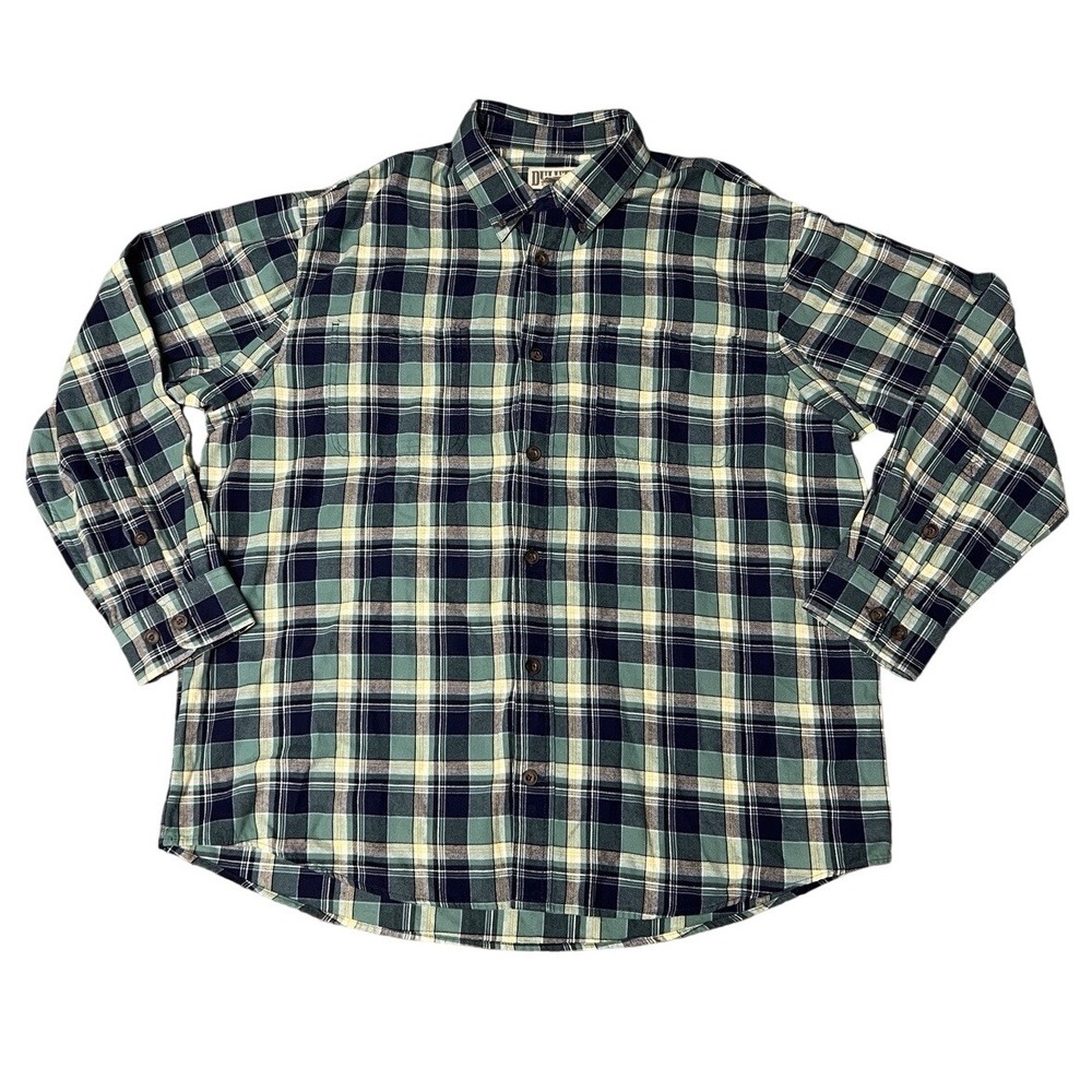 Duluth Trading Co Men's XL Flannel Shirt Green Navy Plaid Button-Up Long Sleeve